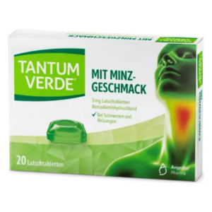 Verpackung von Tantum Verde Lutschtabletten mit Minzgeschmack zur Linderung von Schmerzen und Reizungen im Hals