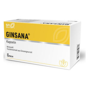 Packung mit GINSANA Kapseln, enthält Trockenextrakt aus Ginsengwurzel, Design in Gelb und Weiß.