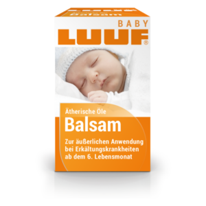 Verpackung des LUUF Baby Balsams mit einem schlafenden Baby auf der Vorderseite, geeignet für Erkältungsanwendungen.