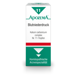 Verpackung von ApozemA Blutniederdruck mit Hinweis auf Kalium carbonicum und homöopathische Spezialität.