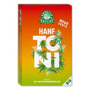 Verpackung von Hanftee mit grünen Pflanzenmotiven und orangefarbener Farbverlaufsgestaltung.