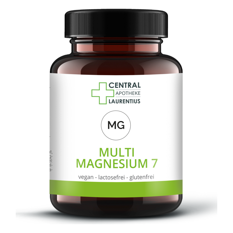 Dunkelbraunes Glasbehälter mit grünem Etikett, beschriftet mit 'Multi Magnesium 7', vegan, laktosefrei, glutenfrei.