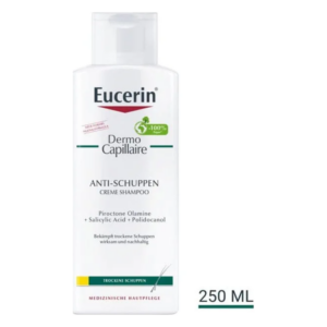 Eucerin Dermo Capillaire Anti-Schuppen Creme Shampoo in einer weißen Flasche mit grünem Deckel, 250 ml.