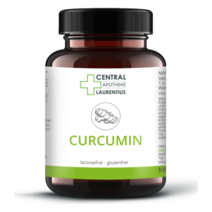Braune Flasche mit schwarzem Deckel, etikettiert mit 'Curcumin', lactose- und glutenfrei, Apotheke Laurentius.