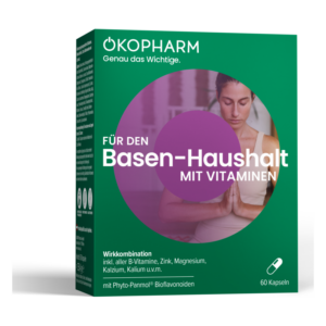 Verpackung für Basen-Haushalt mit Vitaminen, grüne Box mit lila Akzenten und Abbildung einer meditiierenden Frau.