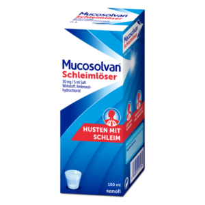 Verpackung von Mucosolvan Schleimlösung in einer blauen Schachtel mit Hinweisen zu Inhalt und Anwendung.