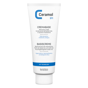 Tube mit Creme von Ceramol 311 für trockene, allergische und überempfindliche Haut, ohne Duftstoffe.