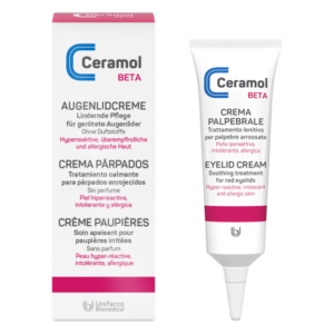 Tubenverpackung einer Augenlidcreme mit lindernden Eigenschaften für gereizte Haut, ohne Duftstoffe.