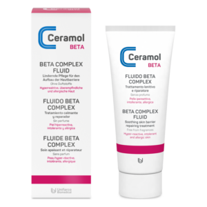 Verpackung und Tube von Ceramol Beta Complex Fluid für empfindliche Haut, betont beruhigende und reparierende Eigenschaften.