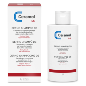 Verpackung und Flasche des Ceramol Dermo Shampoos zur Behandlung von seborrhoischer Dermatitis, mehrsprachige Beschriftung.