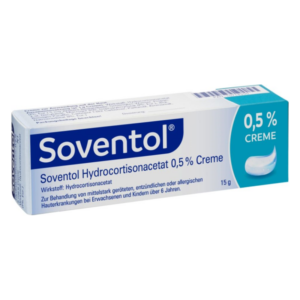 Verpackung einer 15 g Tube Soventol Creme mit 0,5 % Hydrocortisonacetat zur Behandlung von Hauterkrankungen.
