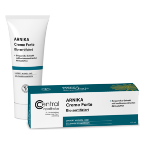 Tube und Verpackung von Arnika Creme Forte, bio-zertifiziert, lindert Muskel- und Gelenkbeschwerden.