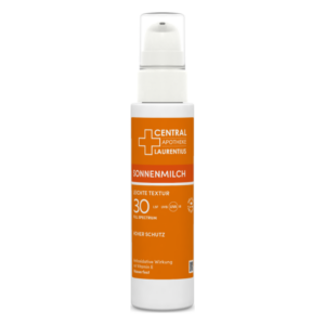 Flasche mit Sonnenmilch, LSF 30, leichte Textur, wasserfest, orange Verpackung, Antioxidative Wirkung mit Vitamin E.