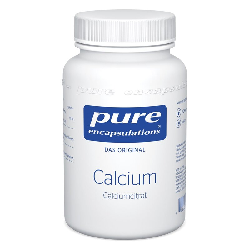 Weißer Behälter mit Schraubverschluss, beschriftet mit "pure encapsulations" und "Calcium" in blauer Schrift.