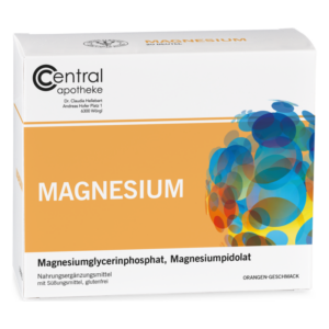 Verpackung eines Nahrungsergänzungsmittels mit Magnesium, orangefarbener Hintergrund und bunten, kreisförmigen Elementen.