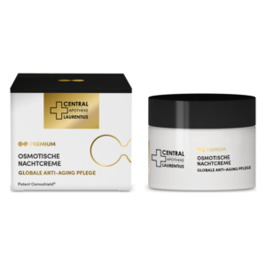 Osmotische Nachtcreme in einem eleganten Glasbehälter mit schwarzem Deckel, verpackt in einer ansprechenden Schachtel.