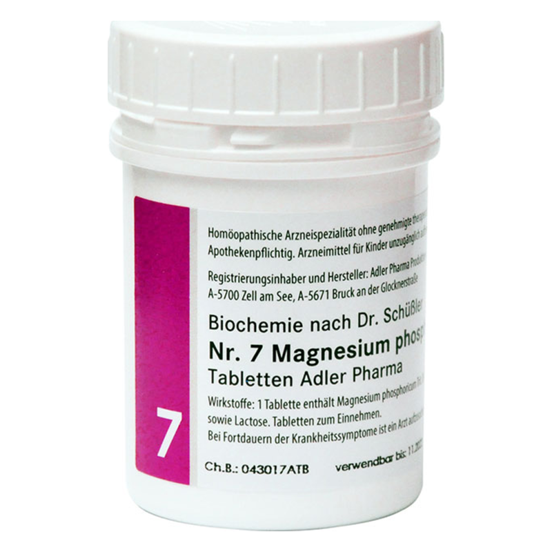 Weißer Behälter mit Schraubverschluss, enthält homöopathische Magnesiumphosphat-Tabletten von Adler Pharma.
