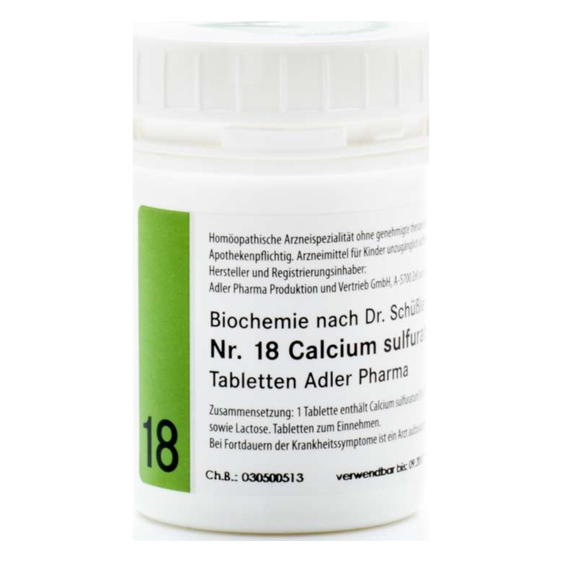 Weißer Behälter mit grüner Beschriftung für homöopathische Tabletten Nr. 18 Calcium sulfuratum von Adler Pharma.