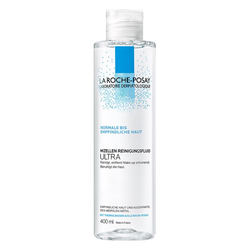 Transparente Flasche mit Mizellen-Reinigungsfluid für normale bis empfindliche Haut, 400 ml, von La Roche-Posay.