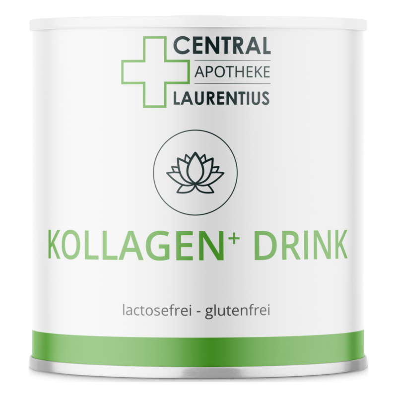 Weißer runder Behälter mit grünem Rand und Aufschrift "KOLLAGEN+ DRINK", lactose- und glutenfrei.
