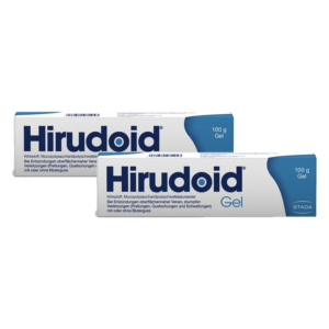 Zwei Tuben Hirudoid Gel, jeweils 100 g, zur Behandlung von Entzündungen oberflächlicher Venen und Schwellungen.