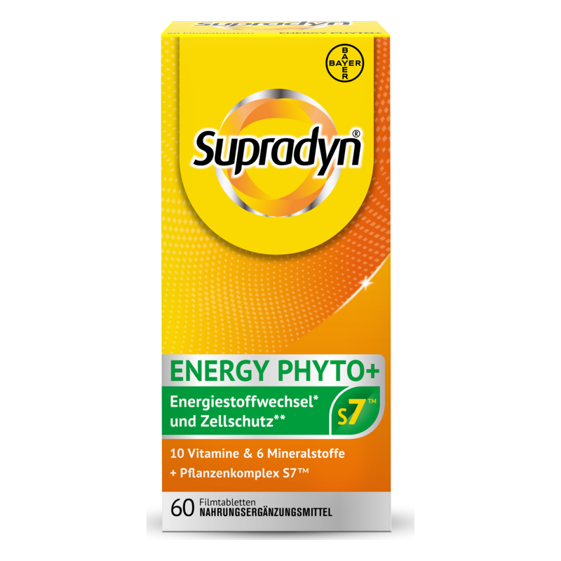 Packung von Supradyn ENERGY PHYTO+ mit Vitaminen und Mineralstoffen, gelb mit grünem Etikett und Logo.