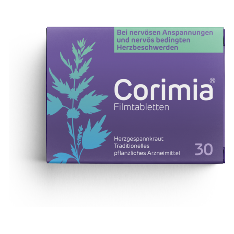 Packung mit Corimia Filmtabletten, lila Hintergrund, mit Pflanzenmotiv, für nervöse Herzbeschwerden.