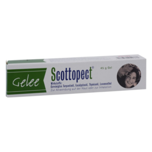 Verpackung von Scottopect Gelee, 45 g, mit Wirkstoffen zur Hautanwendung oder Inhalation und Abbildung eines Paares.