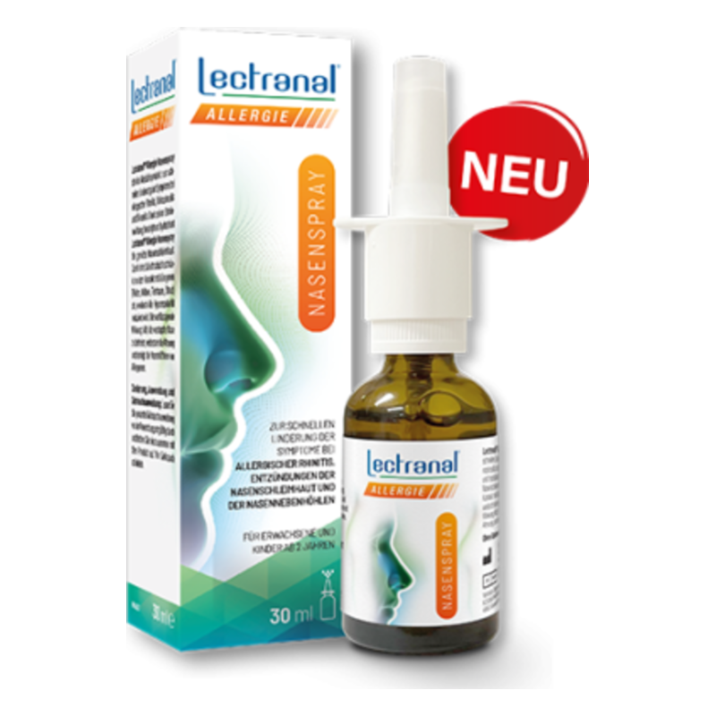 Flasche mit Nasenspray Lectranal zur Linderung von Allergiesymptomen, verpackt in einer stabilen Box.