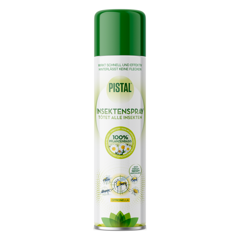 Insektenspray in einer grünen Sprayflasche mit pflanzlichen Inhaltsstoffen und Citronella.