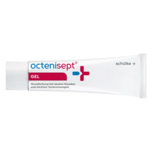 Tube mit octenisept Gel zur Wundheilung bei akuten Wunden und leichten Verbrennungen, mit silberner Kappe.