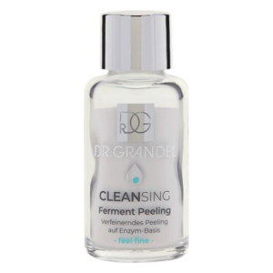 Transparente Flasche mit einem verfeinernden Enzym-Peeling von Dr. Grandel, mit silbernem Verschluss.