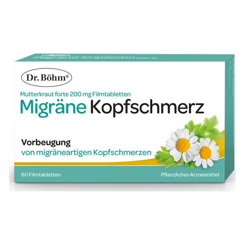 Verpackung von Dr. Böhm Mutterkraut forte 200 mg Filmtabletten gegen migräneartige Kopfschmerzen, mit Pflanzenmotiven.