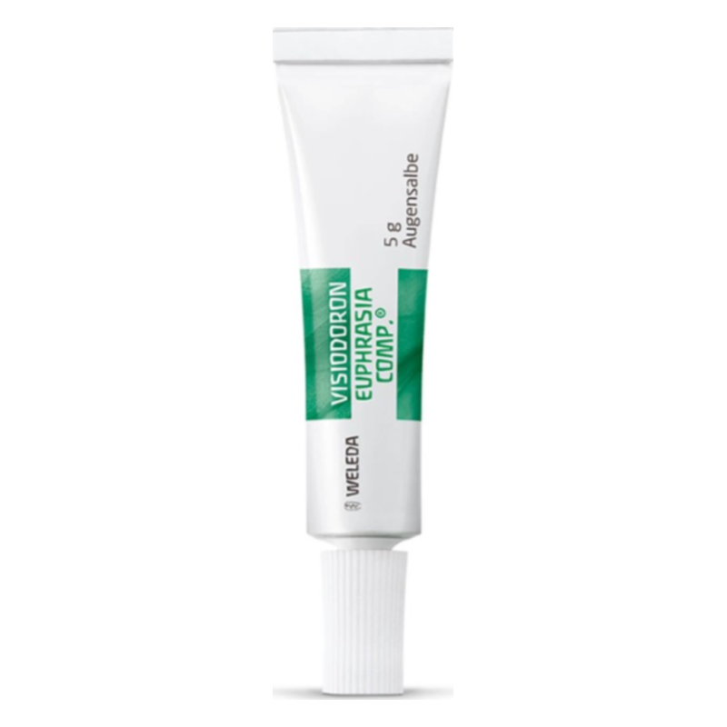 Tube mit Augensalbe Visiodoron Euphrasia Comp. von Weleda, 5 g, schlanke Form, weiße Verpackung mit grüner Schrift.