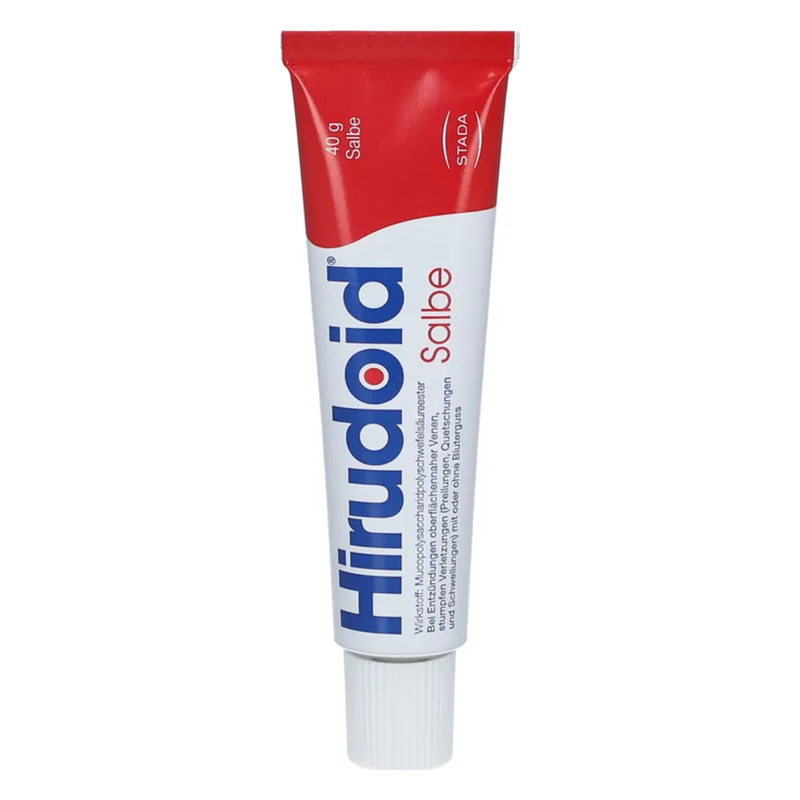 Tube mit Hirudoid Salbe zur Unterstützung von Heilungsprozessen bei Hautverletzungen, in roter und blauer Verpackung.