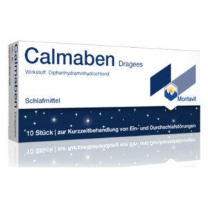 Packung Calmaben Dragees, Schlafmittel mit Diphenhydraminhydrochlorid, blaues Design mit Sternenhimmel.