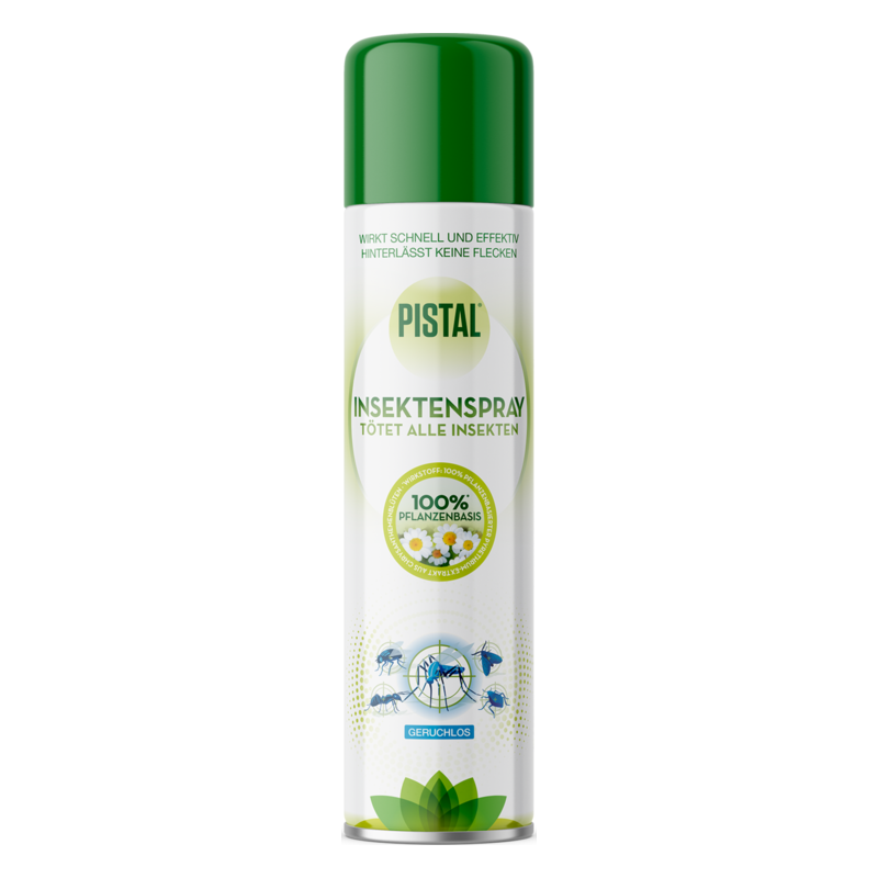 Insektenspray in einer weißen Dose mit grünem Deckel, pflanzenbasiert und geruchlos, zur Bekämpfung aller Insekten.