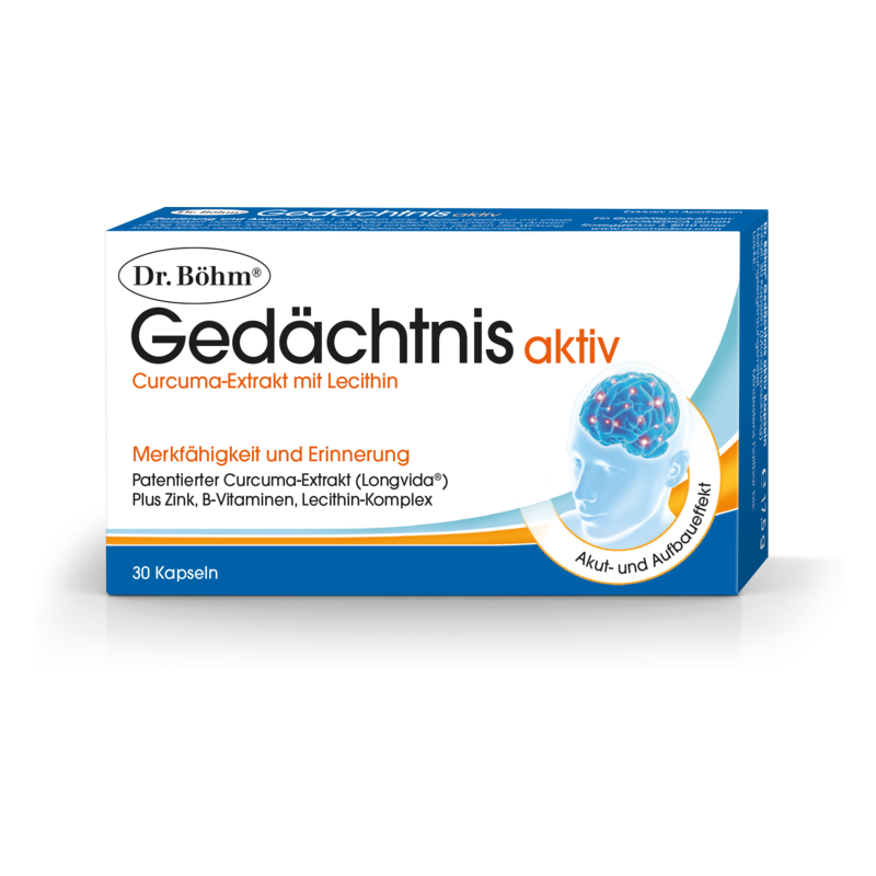 Verpackung von Dr. Böhm Gedächtnis aktiv mit Curcuma-Extrakt und Lecithin, 30 Kapseln, Fokus auf Merktfähigkeit.