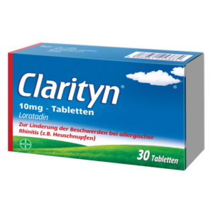 Verpackung von Clarityn 10mg Tabletten zur Linderung von Allergiesymptomen, mit grünem Wiesenmotiv im Hintergrund.