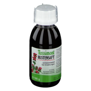 Braune Flasche mit Tussimont Hustensaft, etikettiert mit Heilpflanzen und Anwendungshinweisen.