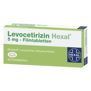 Packung mit Levocetirizin Hexal 5 mg Filmtabletten, enthält 30 Tabletten und Informationen zum Wirkstoff.