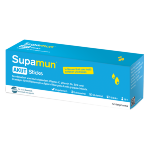 Verpackung von Supamun AKUT Sticks, die hochdosierte Vitamine zur Unterstützung bei grippeähnlichen Infekten anbietet.
