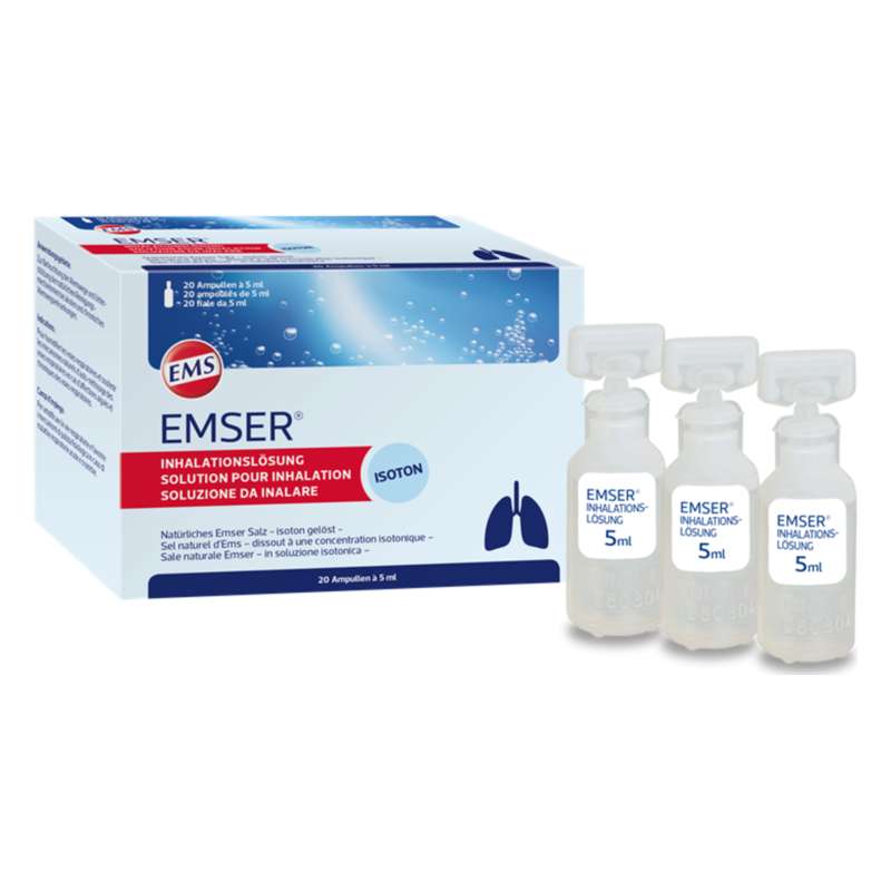 Packung mit 20 Ampullen Emser Inhalationslösung, jede mit 5 ml, für Inhalationstherapie.