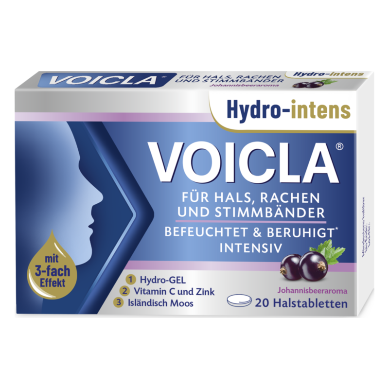 Verpackung von VOICLA Halstabletten zur Linderung von Hals-, Rachen- und Stimmbaumbeschwerden mit Johannisbeergeschmack.