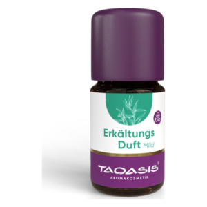 Braune Flasche mit lila Kappe, etikettiert als "Erkältungs Duft Mild" von TAOASIS, in Bio-Qualität.