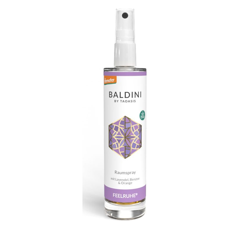 Raumspray von BALDINI mit Lavendel, Benzoe und Orange in transparenter Flasche mit buntem Etikett.