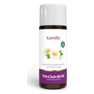 Flasche mit Kamillenöl für Körperpflege und Aromamassagen, etikettiert mit bio-Symbol und markenlogo.