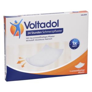 Verpackung von Voltadol Schmerzpflaster, enthält 5 Pflaster zur schmerzlindernden Anwendung mit Diclofenac-Natrium.