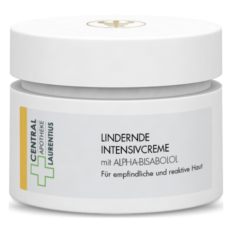 Weißes Cremegefäß mit Schraubdeckel, Etikett mit dem Text "Lindernde Intensivcreme mit Alpha-Bisabolol".