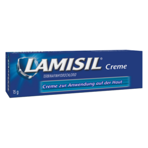 LAMISIL Creme für die Haut, enthält Terbinafinhydrochlorid, in blauer Verpackung mit weißem Text.